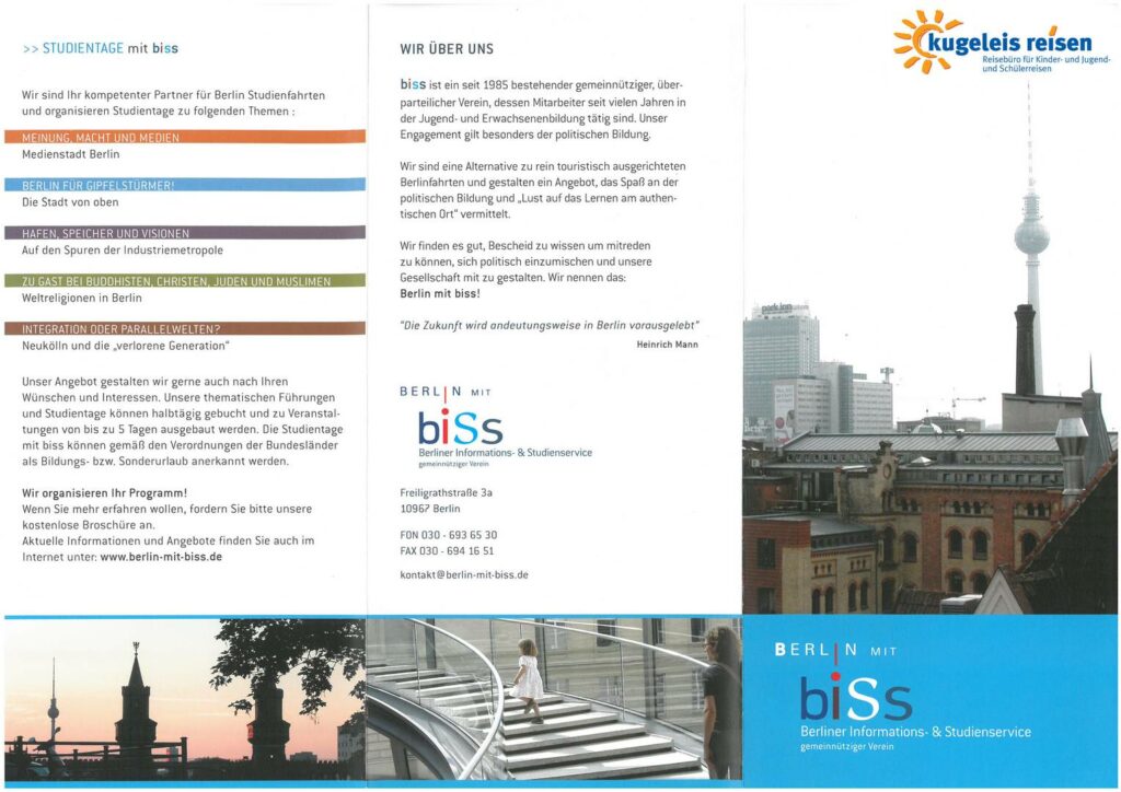 Information Klassenfahrt Berlin mit B.I.S.S. Berliner Informations-und Studienservice