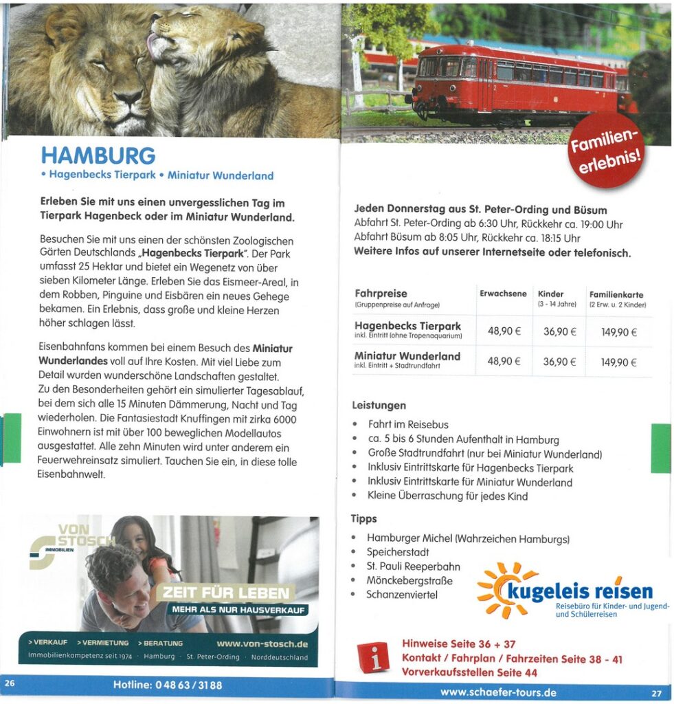 Informationen Klassenfahrt Tagesausflug Hamburg Hagenbecks Tierpark Miniatur-Wunderland