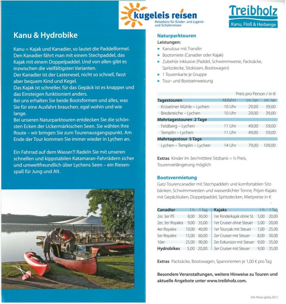 Information Schulklasse Tagesausflug Landheimfahrt Floßfahrt Uckermärkische Seen
