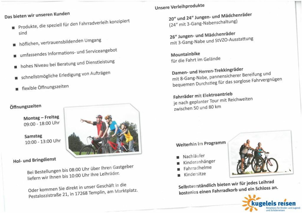 Information Landheimfahrt Tagesausflug Uckermark Templin Fahrradverleih