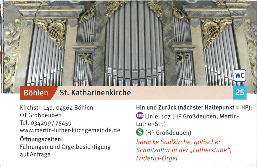 St. Katharinenkirche Böhlen – barocke Saalkirche mit gotischem Schnitzaltar in der "Lutherstube", Friderici-Orgel