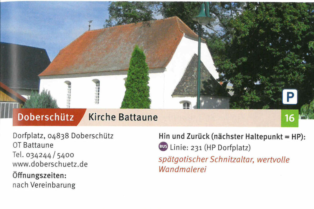 Kirche Battaune, Doberschütz: Spätgotischer Schnitzaltar, wertvolle Wandmalerei