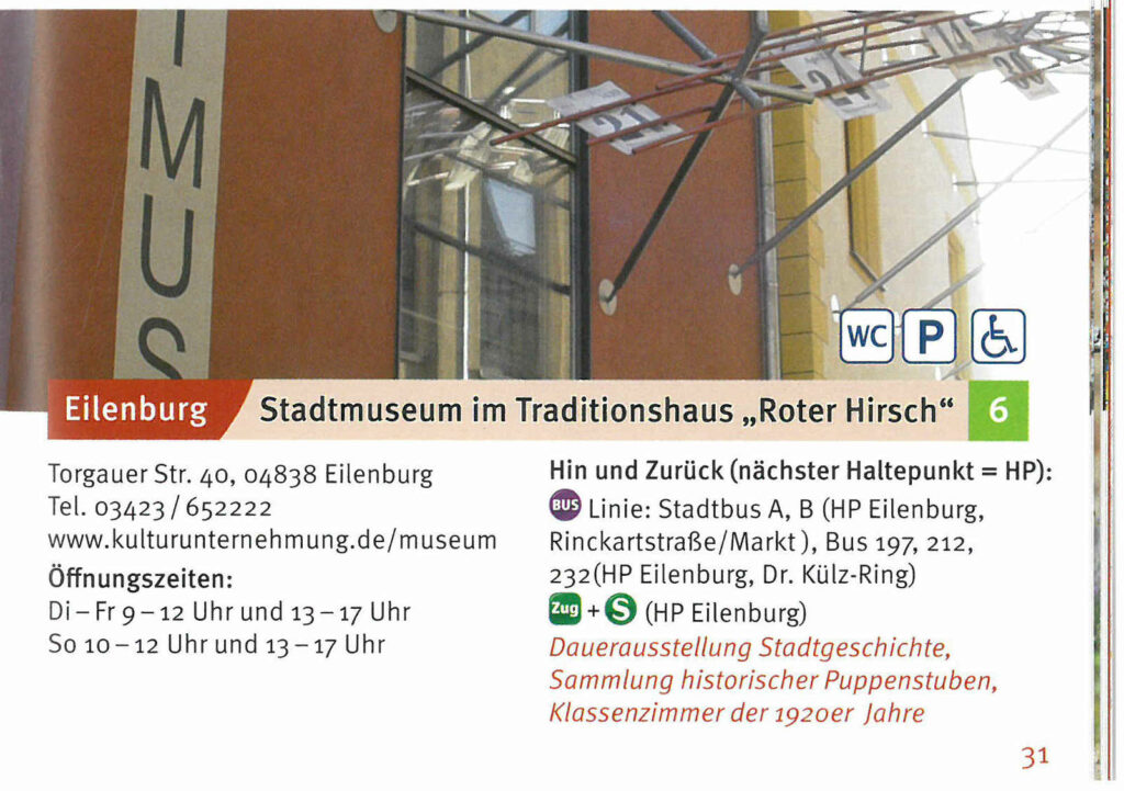 Eilenburg Stadtmuseum: Dauerausstellung zur Stadtgeschichte, Sammlung historischer Puppenstuben, Klassenzimmer der 1920er Jahre