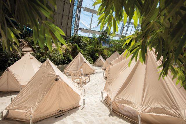 Klassenfahrt Tropical Island Safari-Zelte im Inneren der Halle auf weißem Sand zwischen üppigem Grün